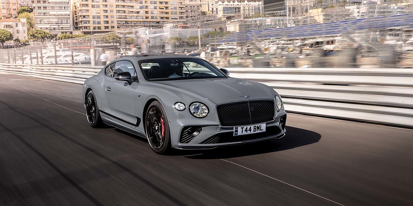 Bentley Doha Bentley Continental GT S coupe in Cambrian Grey paint front 34 dynamic driving on track