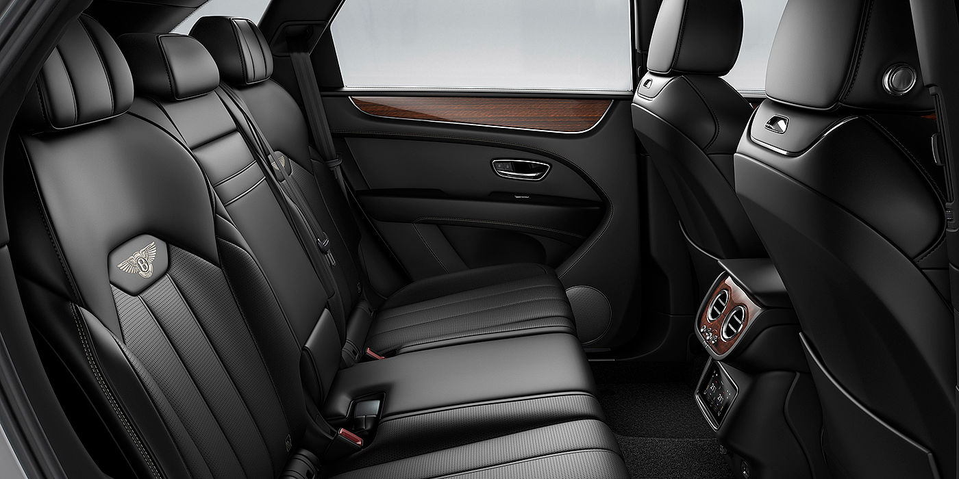 Bentley Doha Bentey Bentayga interior view for rear passengers with Beluga black hide.