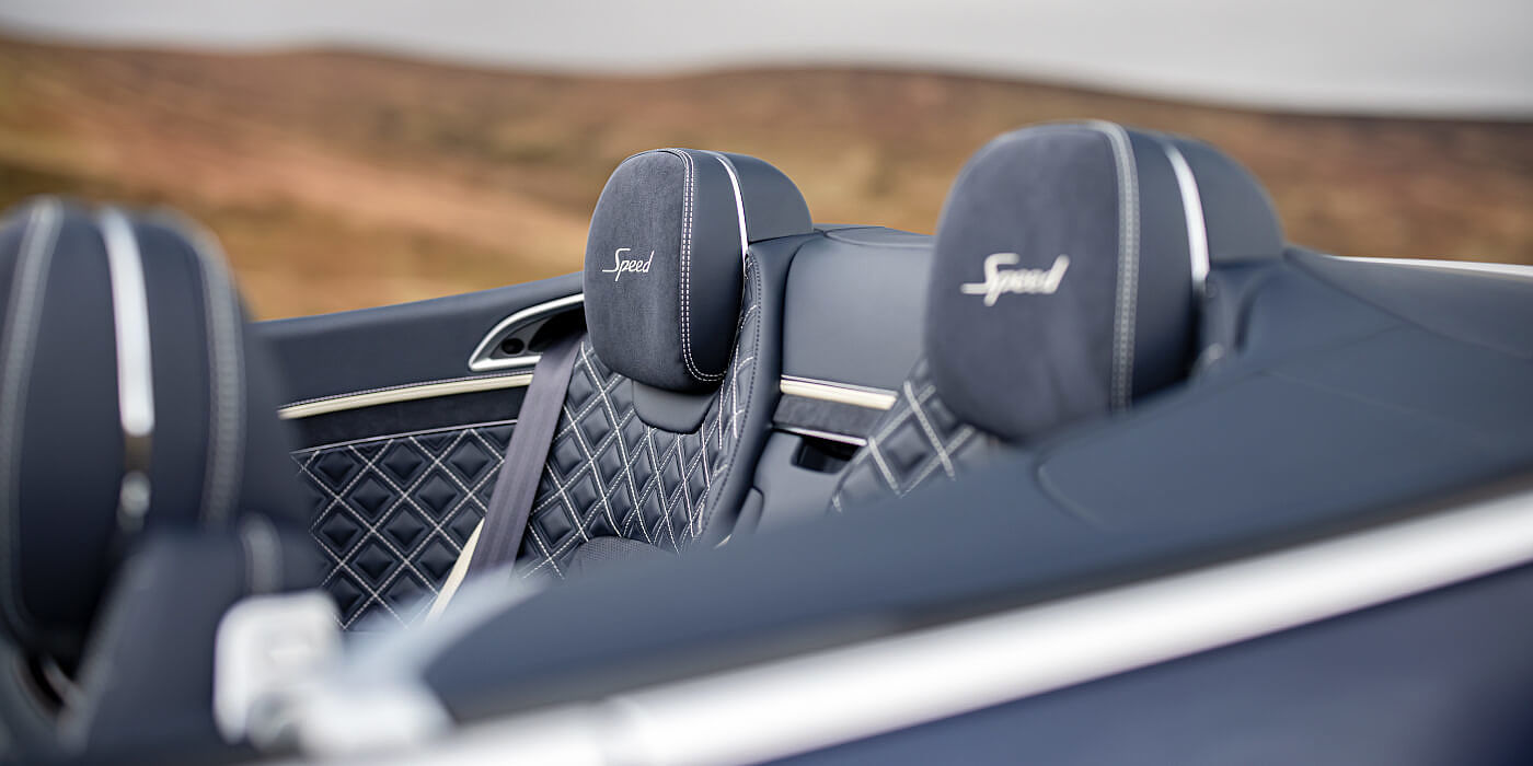 Bentley Doha Bentley Continental GTC Speed convertible rear interior in Imperial Blue and Linen hide