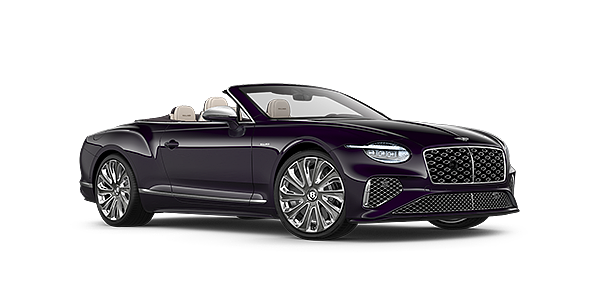 Bentley Doha Bentley New Continental GTC Mulliner convertible front three quarter view in Damson paint with 22 inch Mulliner painted and polished wheel