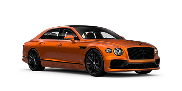 Bentley Doha Bentley Flying Spur Speed front side angled view in Orange Flame coloured exterior. 