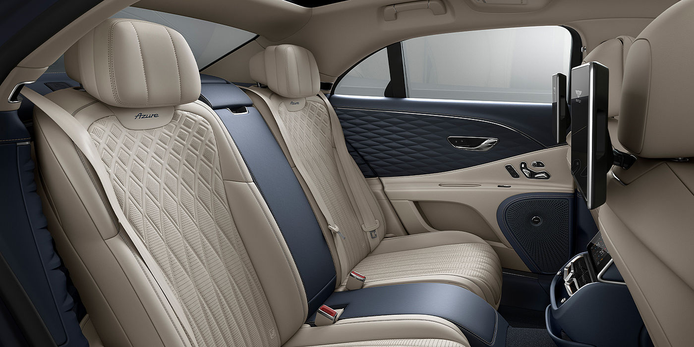 Bentley Doha Bentley Flying Spur Azure sedan rear interior in Imperial Blue and Linen hide