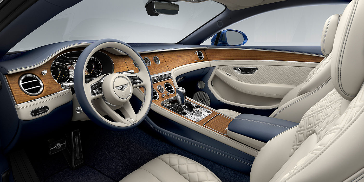 Bentley Doha Bentley Continental GT Azure coupe front interior in Imperial Blue and linen hide