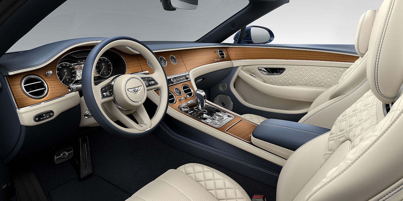 Bentley Doha Bentley Continental GTC Azure convertible front interior in Imperial Blue and Linen hide