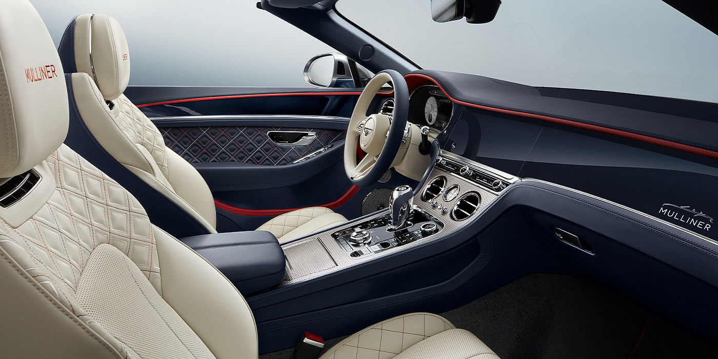 Bentley Doha Bentley Continental GTC Mulliner convertible front interior in Imperial Blue and Linen hide